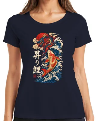 Produktbild von Japan Drache Karpfen Nobori Koi Welle Sonne Tattoo Y2K Irezumi Zen Damen T-Shirt, Navy, M