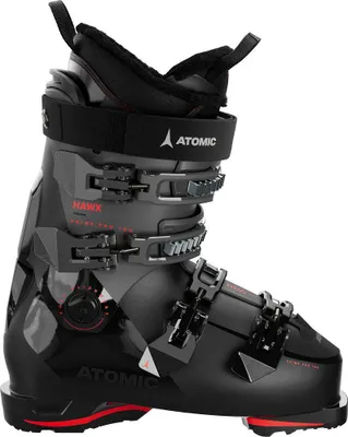A single black and gray ski boot with red accents is shown against a white background.