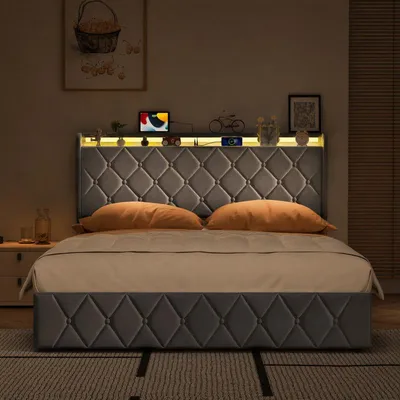 Image de Lit rembourré UnboxG 140x200 cm avec coffre de rangement, lit double en velours gris, lit avec système hydraulique de rangement, éclairage LED, ports de charge USB et Type-C, sommier à lattes inclus