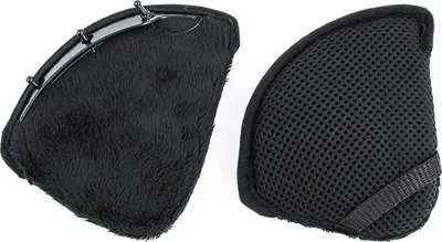 Two black ear warmers for a helmet, shown from different angles.