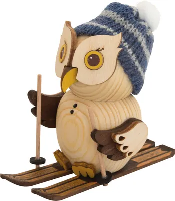 Produktbild von Drechslerei Kuhnert - Mini-Eulen aus Holz - mit Ski - ca. 7 cm groß - als Dekoration oder Geschenk geeignet