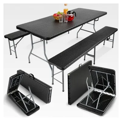 Produktbild von 3-teiliges Bierzeltgarnitur Set Tisch + 2 Bänke | Festzeltgarnitur für Innen- und Außenbereich | Biertisch Set | Klappbar mit Tragegriff | Rattan-Look Schwarz