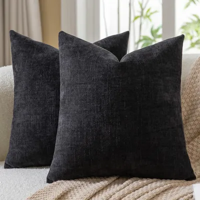 Zdjęcie produktu dla Zestaw dwóch poszewek na poduszki, 60x60 cm, imitacja lnu, materiał: chenille, kolor: czarny