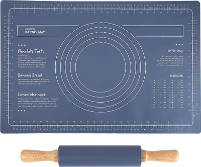 Produktbild von 2-teiliges Silikon-Backmatten- Und Nudelholz-Set, 40 X 60cm, rutschfeste Silikonmatte, Knetmatte, Thekenmatte, Teigmattenwaage Zum Backen Zu Hause (Blau)