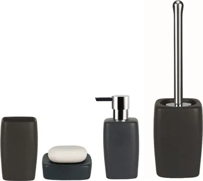 Produktbild von Spirella Badezimmer Set, 4-teiliges Badzubehör aus Steinzeug Retro Seifenspender, Seifenschale, WC Bürste und Zahnputzbecher Schwarz matt