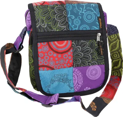 Produktbild von Ethno Schultertasche, Patchwork Nepaltasche - Schwarz/ Bunt, Uni - Erwachsene, Baumwolle, 25*25*15 cm, Alternative Umhängetasche, Handtasche aus Stoff