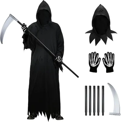 Obrázek produktu pro Kostým Smrtky, černý, velikost pro dospělé, s kapucí a srpem, ideální na Halloween