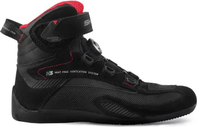 A single black and red motorcycle boot is shown against a white background.