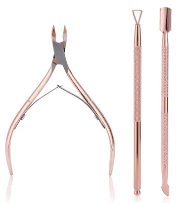 Immagine prodotto di Pinzette per cuticole con spingicuticole, set da 3 pezzi, acciaio inossidabile color rosa oro