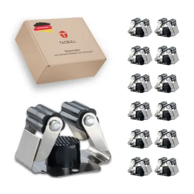 Produktbild von tecbull Geräte-Wandhalterung Edelstahl gebürstet, 12 Stk. für Besen Mopps Gartengeräte & Stiele, L 5 x B 4,7 x H 4 cm, Haltekraft 3 kg, Stieldurchmesser 2-3,1 cm, einfache Klemmfunktion, geringer Platzbedarf, Montagematerial inkl.