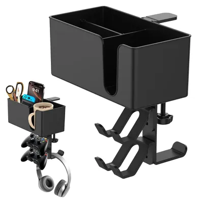 Produktbild von 5-in-1-Tischbecherhalter, Kopfhörerhalter für unter den Schreibtisch, Headset-Halter, um 360° drehbarer Kopfhörerständer und abnehmbarer Becherhalter für Zuhause und Büro