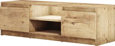 A wooden TV stand with two doors and an open shelf in the middle.