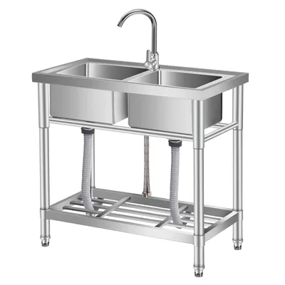 Produktbild von Edelstahl Spültisch, Freistehende Küchenspüle Gewerbliche Spülbecken Mit 2 Becken Wasserhahn Kalt Und Warmwasserschläuchen 83x 45x 76cm