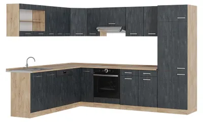 Produktbild von Eckküche Vicco R-Line Schwarz Beton/Goldkraft Eiche 287 x 227 cm ohne Arbeitsplatte, Model 47354