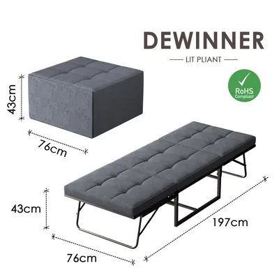 Zdjęcie produktu dla Łóżko składane DEWINNER, 76 x 197 cm, rozkładana sofa dla 1 osoby dorosłej, oparcie regulowane w 5 pozycjach, przenośne łóżko składane do biura, pokoju gościnnego