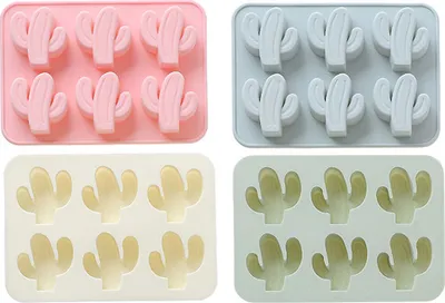 Obrázek produktu pro Silikonová forma na ledové kostky s 6 důlky, kaktusová forma na čokoládu, cukroví, sušenky, fondán, gumové medvídky, želé, pečení, svíčky, dekorace na cupcake - sada 4 ks