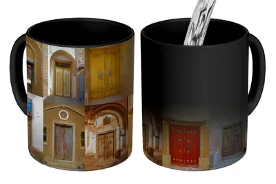 Obrázok produktu pre MuchoWow® Magický hrnček Magické dvere - Farebné - Architektúra - Koláž - Vintage 350 ml Hrnček meniaci farbu Nápad na darček - Magický hrnček - Foto hrnček - Keramické hrnčeky - Obrázky - Šálka kávy - Hrnček na pitie - Hrnček na kávu