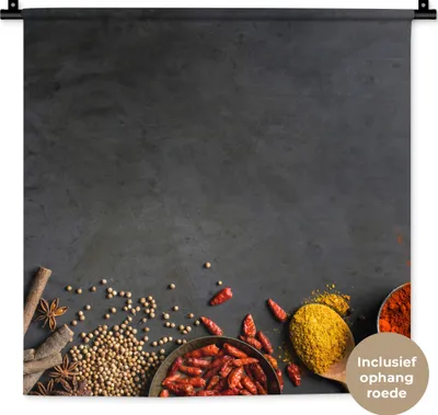 Produktbild von MuchoWow® Wandteppich Wandbehang Kräuter - Lebensmittel - Gewürze - Schwarz - Paprika - Zimt 60x60 cm Tapisserie Dekoration Wandtuch - Dekorationen - Wand Decke