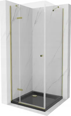Produktbild von Mexen Roma kippbare Duschabtrennung 90 x 90 cm, Transparent, Gold + Duschwanne Flat, Schwarz - 854-090-090-50-00-4070G
