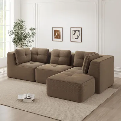 Zdjęcie produktu dla Narożna sofa w kształcie litery L z tkaniny sztruksowej z podnóżkiem, bezramowa, sofa modułowa, 297 x 177 x 69 cm, brązowa