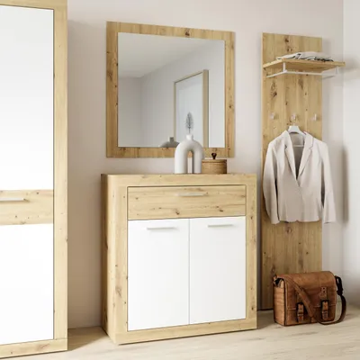Produktbild von Forte BACCIO Spiegel 80 90, moderner Garderobenspiegel, Holzwerkstoff, Mauvella Eiche Holzdekor, 83 cm breit x 88 cm hoch x 1,8 cm tief