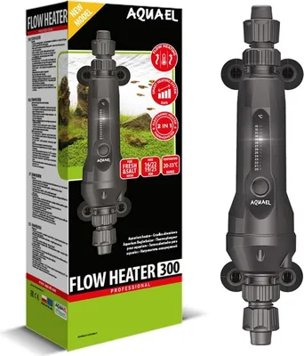 The image shows the packaging and the product itself for an Aquael Flow Heater.