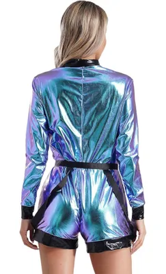 Immagine prodotto di Tuta da astronauta metallizzata da donna - costume in taglia M per Halloween e feste a tema - body da viaggiatrice spaziale a maniche lunghe in look metallizzato