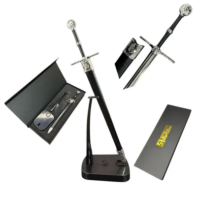 Image de Mini épée de Geralt, style fantasy, modèle KW1136, 22 cm, avec fourreau, socle et boîte cadeau – Ouvre-lettres en métal, objet de collection et de décoration
