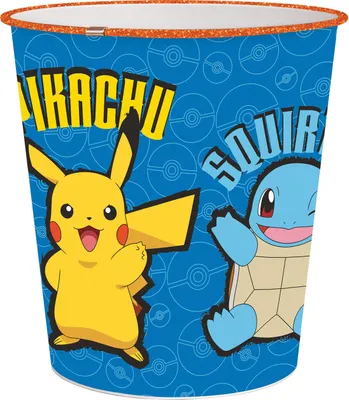 A Pokemon-themed trash can with Pikachu and Squirtle characters.