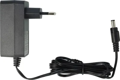 A black power adapter with a European plug and a coiled black cable with a barrel connector.