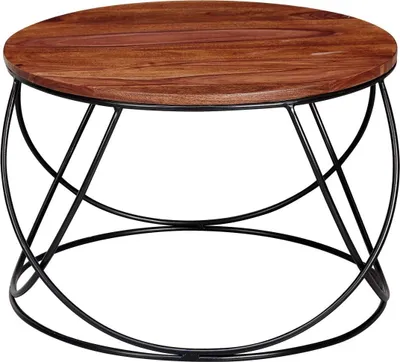 Produktbild von Couchtisch Sheesham Massivholz / Metall 60 x 40 x 60 cm, Wohnzimmertisch Rund Massiv Braun, Sofatisch Modern Holztisch, Tisch Wohnzimmer Industrial