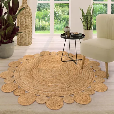 Produktbild von TT Home Wohnzimmer Teppich Rund Jute Modern Ethno Boho Handgefertigter Natur-Teppich Größe 100 cm Rund