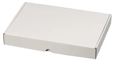 A white cardboard box is shown from a slightly elevated diagonal angle against a white background.