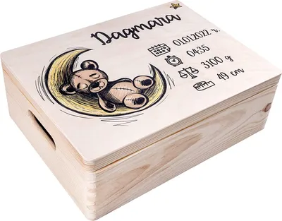 Produktbild von Creative Deco Erinnerungsbox Baby Holzkiste Personalisiert | 40x30x14 cm (+/-1cm) | Teddybär Motiv für Geburt & Taufe | Groß Natur Geschenk Spielzeugkiste Holzbox mit Deckel und Giffen Gravur