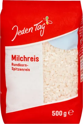 A bag of Milchreis (rice pudding rice) from the brand 'Jeden Tag'.