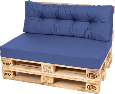 Immagine prodotto di Cuscino per pallet TexDeko Comfort idrorepellente 120 x 80 x 12 cm XL con rivestimento sfoderabile e lavabile, imbottitura in schiuma per uso interno ed esterno, trapuntato con cuscino per la schiena (set da 2 pezzi, blu)