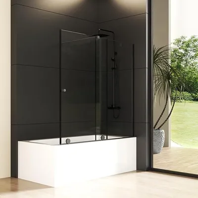 Produktbild von Duschwand für Badewanne 115x140cm Schiebetür Schwarz Duschabtrennung, Glas Badewannenaufsatz Duschtrennwand Schiebetüren ausziehbar 70-115 cm, Badewannenwand mit 6mm EGS Sicherheitsglas