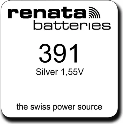 A product label for a Renata 391 watch battery.