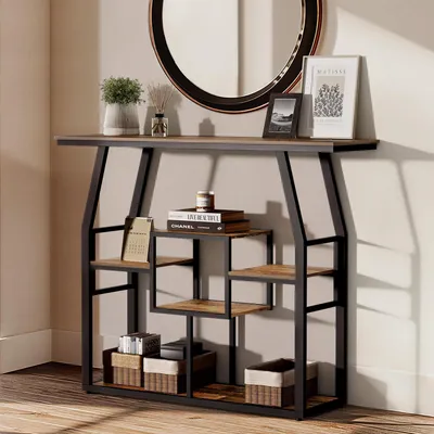 Image de Table console étroite de 105 cm avec 6 étagères, style industriel, noire et rétro