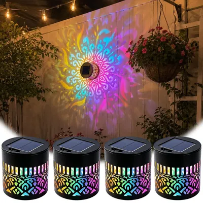 Image de Lot de 4 lampes solaires décoratives, effet mandala, pour l'éclairage de jardin, en métal, avec LED changeant de couleur (7 couleurs), étanches (IP65), idéales pour décorer clôtures, terrasses et jardins
