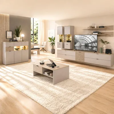 Produktbild von Wohnzimmer Komplett Set in Beige mit Eiche, inkl. Beleuchtung, 9-teilig - ISCHIA-36