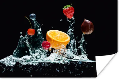 Produktbild von MuchoWow® Poster Wasser - Obst - Orange - Erdbeere - Kirsche - Schwarz 60x40 cm - Schlafzimmerdekoration
