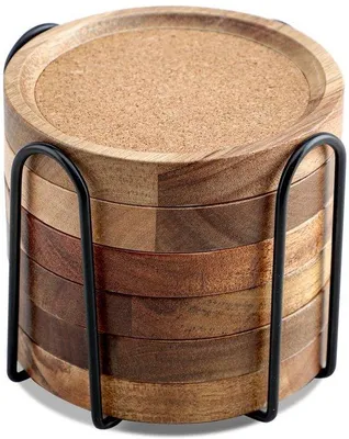 Produktbild von Houten Gläser-Unterlegsätze für Bar, 6er Set, 10,5 cm, Absorbernde Gläser-Unterlegsätze mit Holzhalter