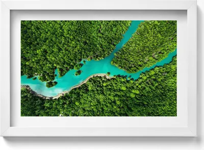 Produktbild von Vogelperspektive auf einen Fluss in tropischen Wäldern– Wandbild mit Rahmen – Gerahmtes Bild  – Wanddekoration – 30x20 cm –  Weiß Rahmen
