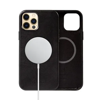 A black iPhone 12 Pro Max case with a MagSafe charger attached, shown from the back.