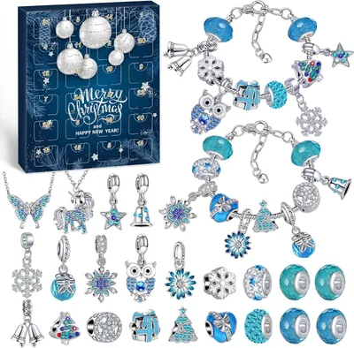 Image de Calendrier de l'Avent pour filles, édition 2026, pour bijoux : kit de création de bracelets et de colliers "faites-le vous-même" avec 24 charms - Calendrier de l'Avent de Noël pour enfants