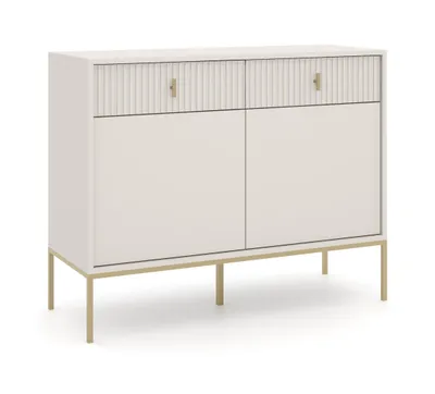Produktbild von „Maggiore“ Kommode mit zwei Türen und zwei Schubladen für Schlafzimmer oder Wohnzimmer – in Kaschmir - Gold, Metallbeinen – 104,2 x 39 x 82,6 cm.