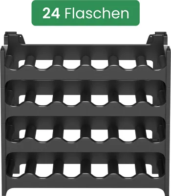 A black plastic wine rack with multiple shelves.