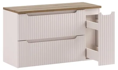 Produktbild von Badezimmer Waschtischunterschrank mit 100 cm Breite in Beige & Eiche, gerillte Front, geringe Tiefe - NEWPORT-56-CASHMERE