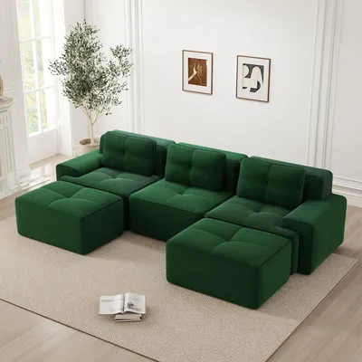 Produktbild von Modulsofa Boneless U-förmiges Sofa, Modulares Sofa mit Ottoman, Modulares Cloud-Sofa, 3-5Sitzer Corduroy Sofa, Montagefreies Sofa für Wohnzimmer, Grün